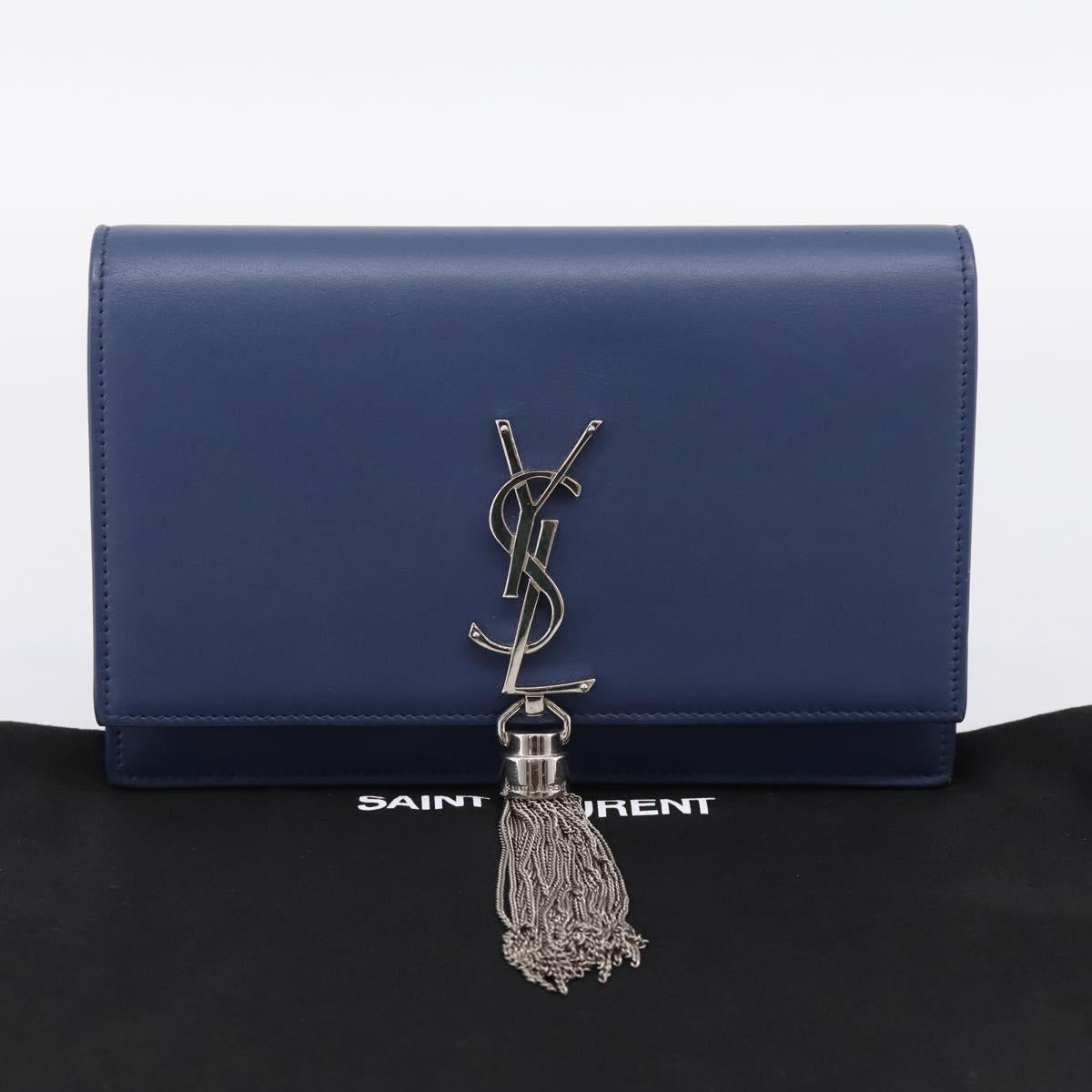 SAINT LAURENT Kate Chain Shoulder Wallet Leather Navy Silver Auth ka5752V