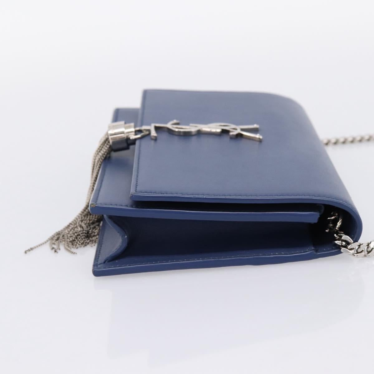 SAINT LAURENT Kate Chain Shoulder Wallet Leather Navy Silver Auth ka5752V