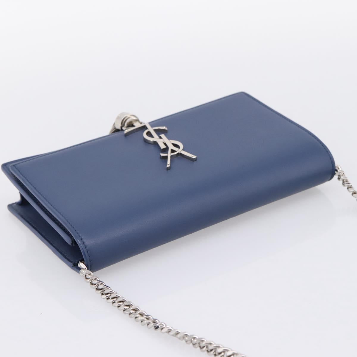 SAINT LAURENT Kate Chain Shoulder Wallet Leather Navy Silver Auth ka5752V