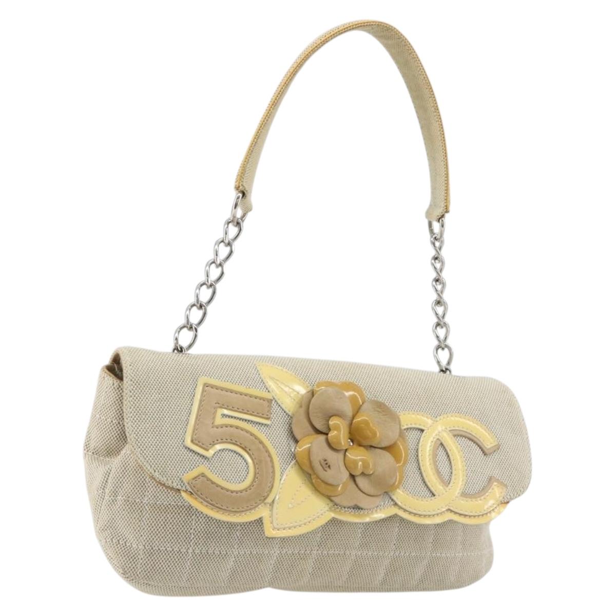CHANEL No. 5 Camellia COCO Mark Chain Bag Canvas Beige Silver CC Auth ka5765A