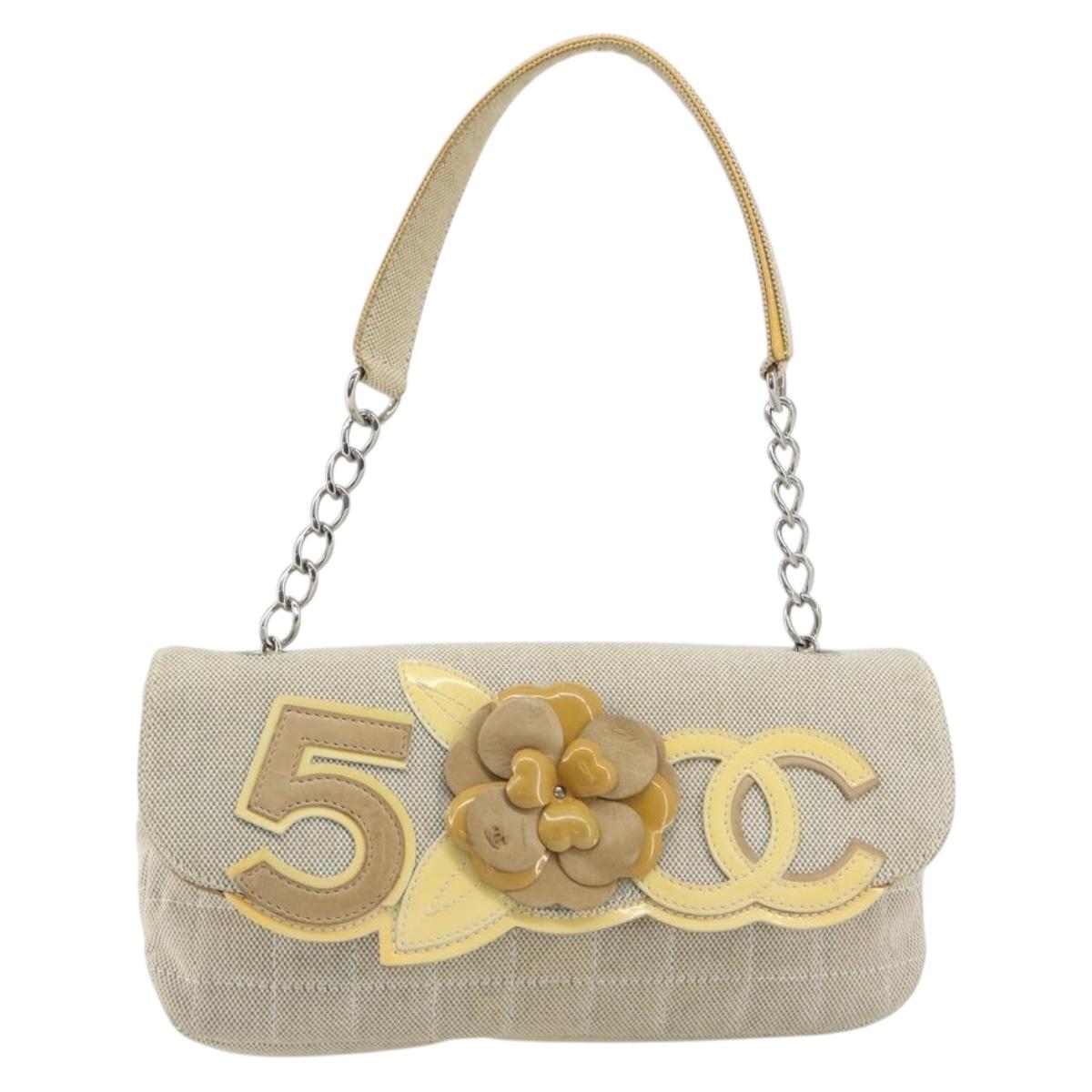 CHANEL No. 5 Camellia COCO Mark Chain Bag Canvas Beige Silver CC Auth ka5765A