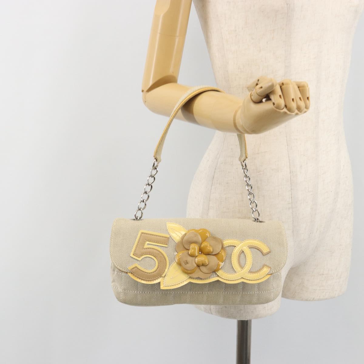 CHANEL No. 5 Camellia COCO Mark Chain Bag Canvas Beige Silver CC Auth ka5765A
