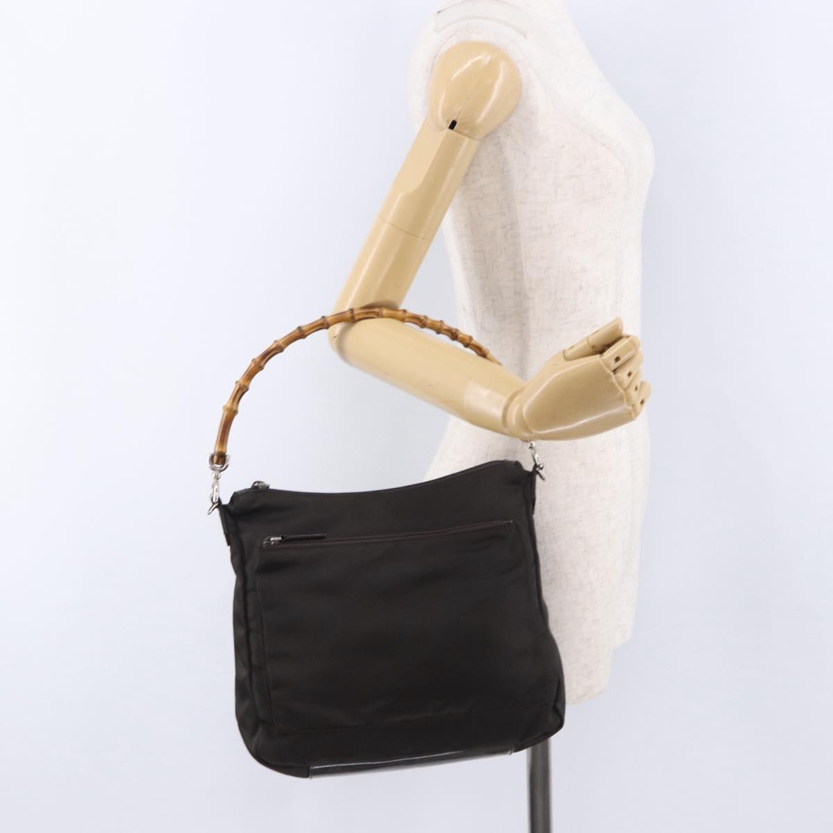 GUCCI Bamboo Hand Bag Nylon Khaki Silver 000 0509 Auth ka5767