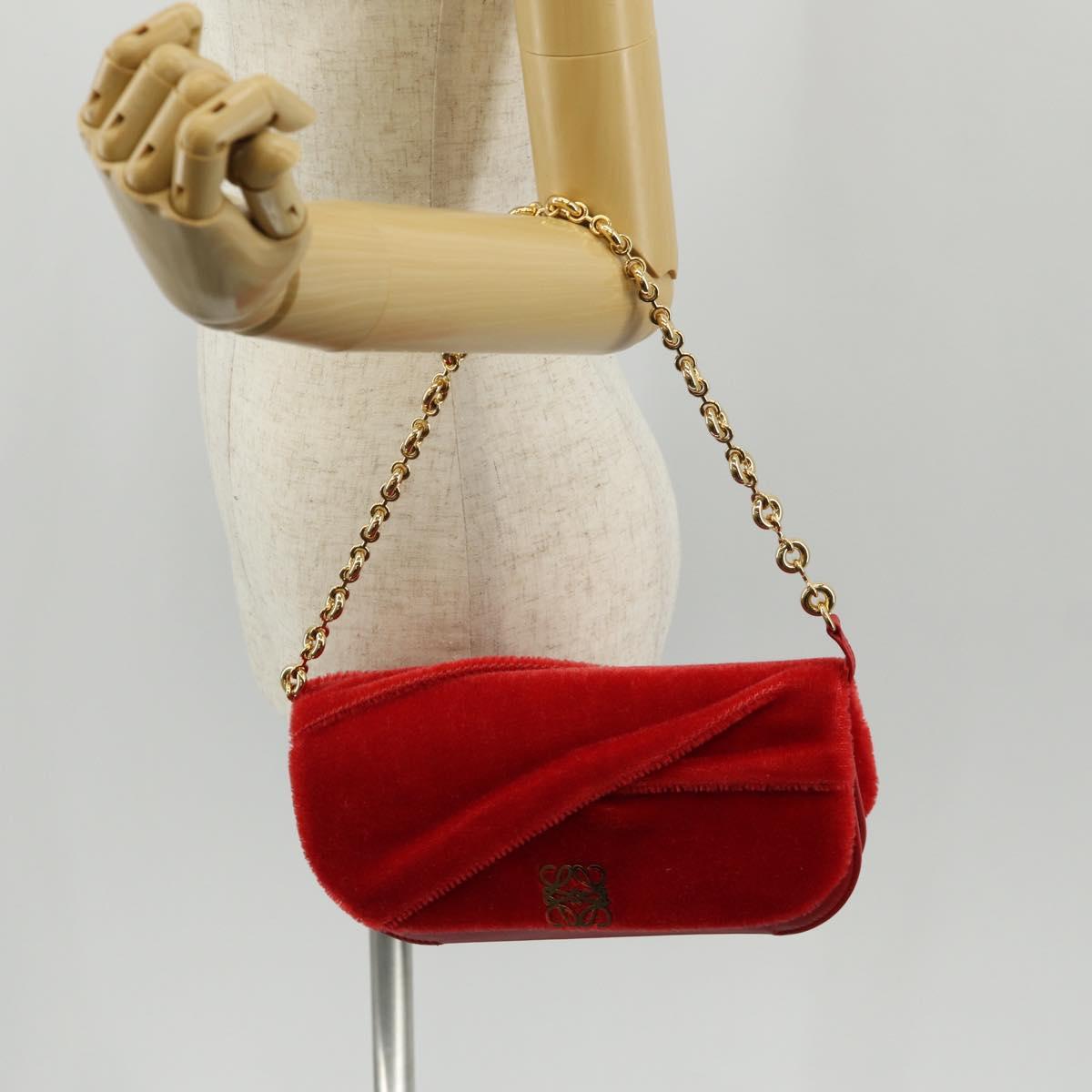 LOEWE Chain Goya Shoulder Bag Leather Red Gold Auth ka576M