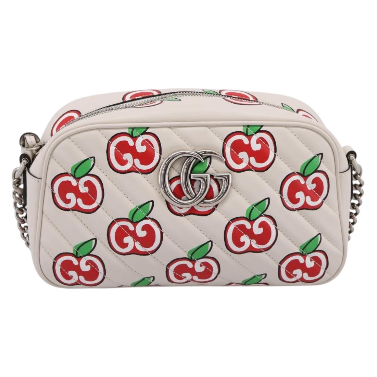 GUCCI GG Marmont Apple Shoulder Bag Leather White Silver 447632 Auth ka5779M