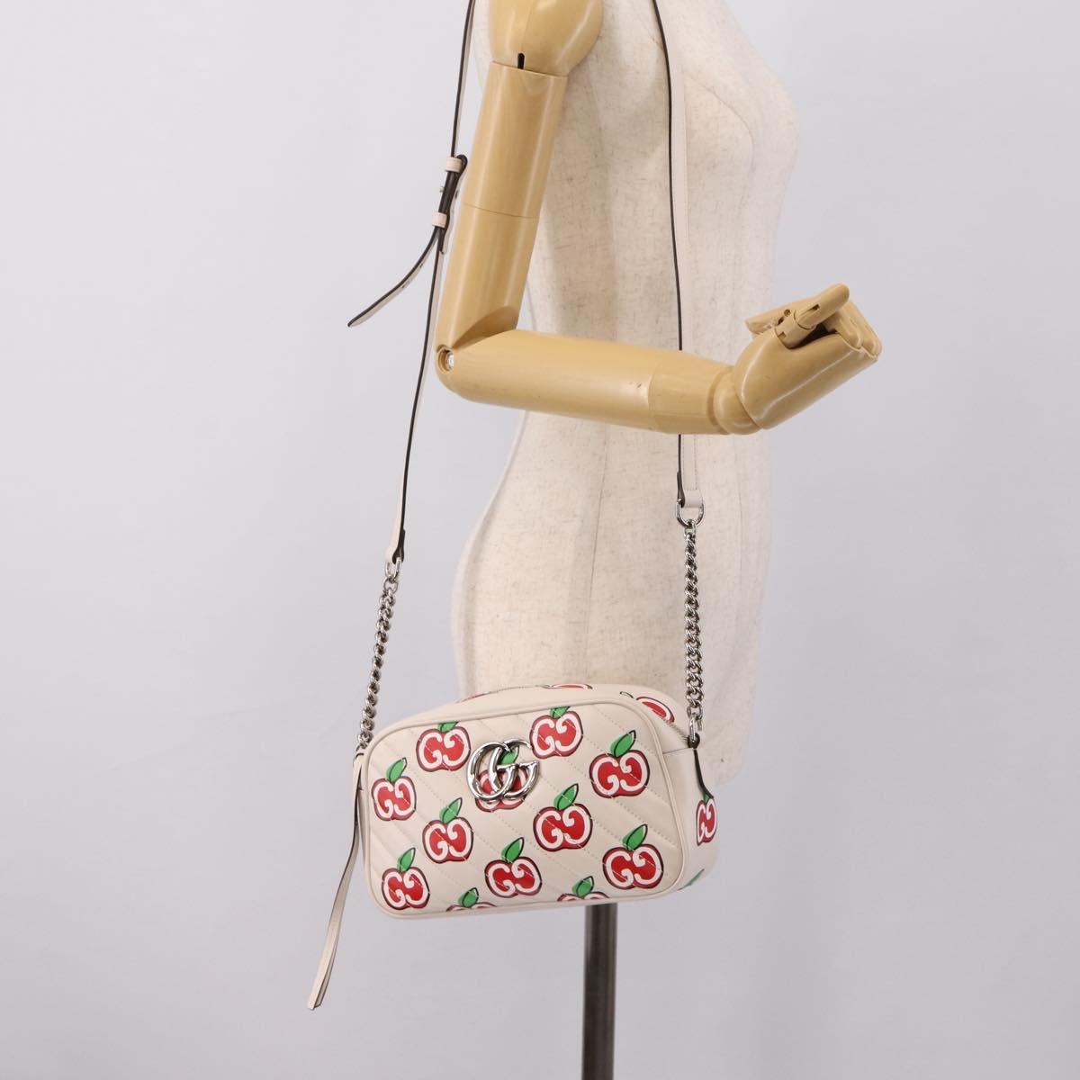 GUCCI GG Marmont Apple Shoulder Bag Leather White Silver 447632 Auth ka5779M