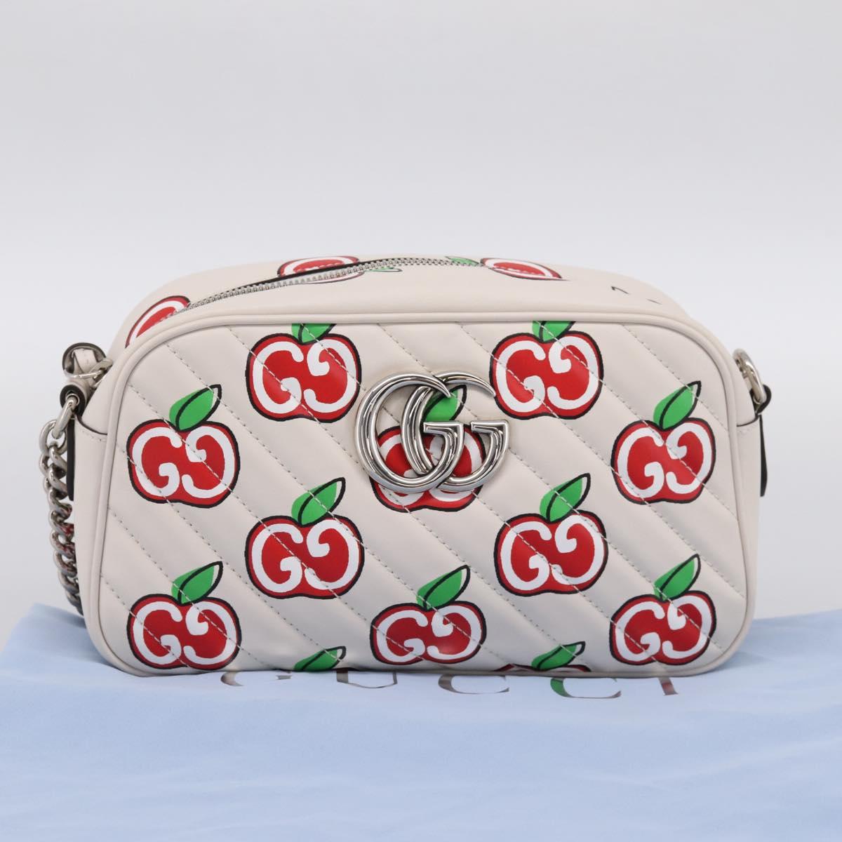 GUCCI GG Marmont Apple Shoulder Bag Leather White Silver 447632 Auth ka5779M