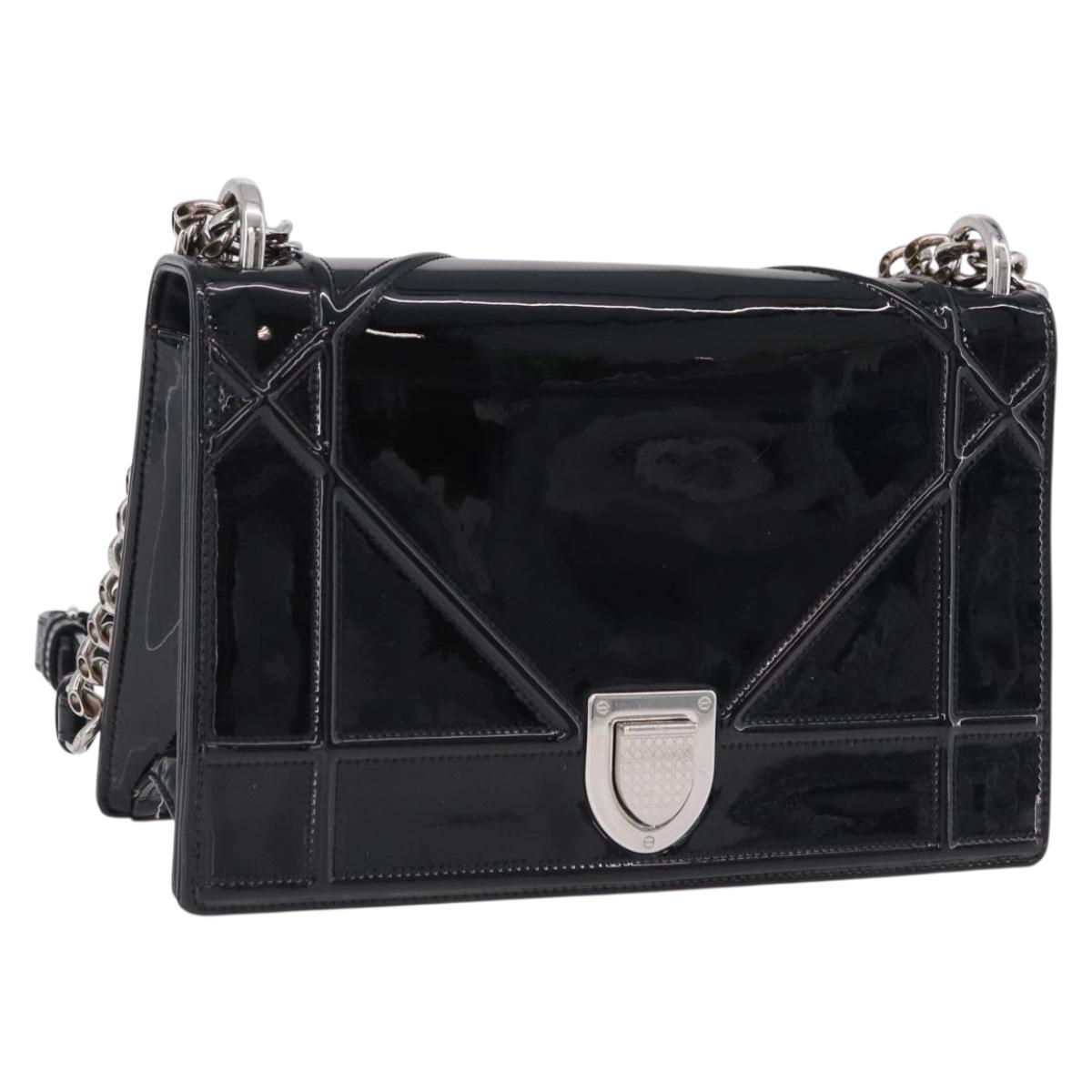 Christian Dior Diorama Chain Bag Patent leather Black Silver Auth ka5792A