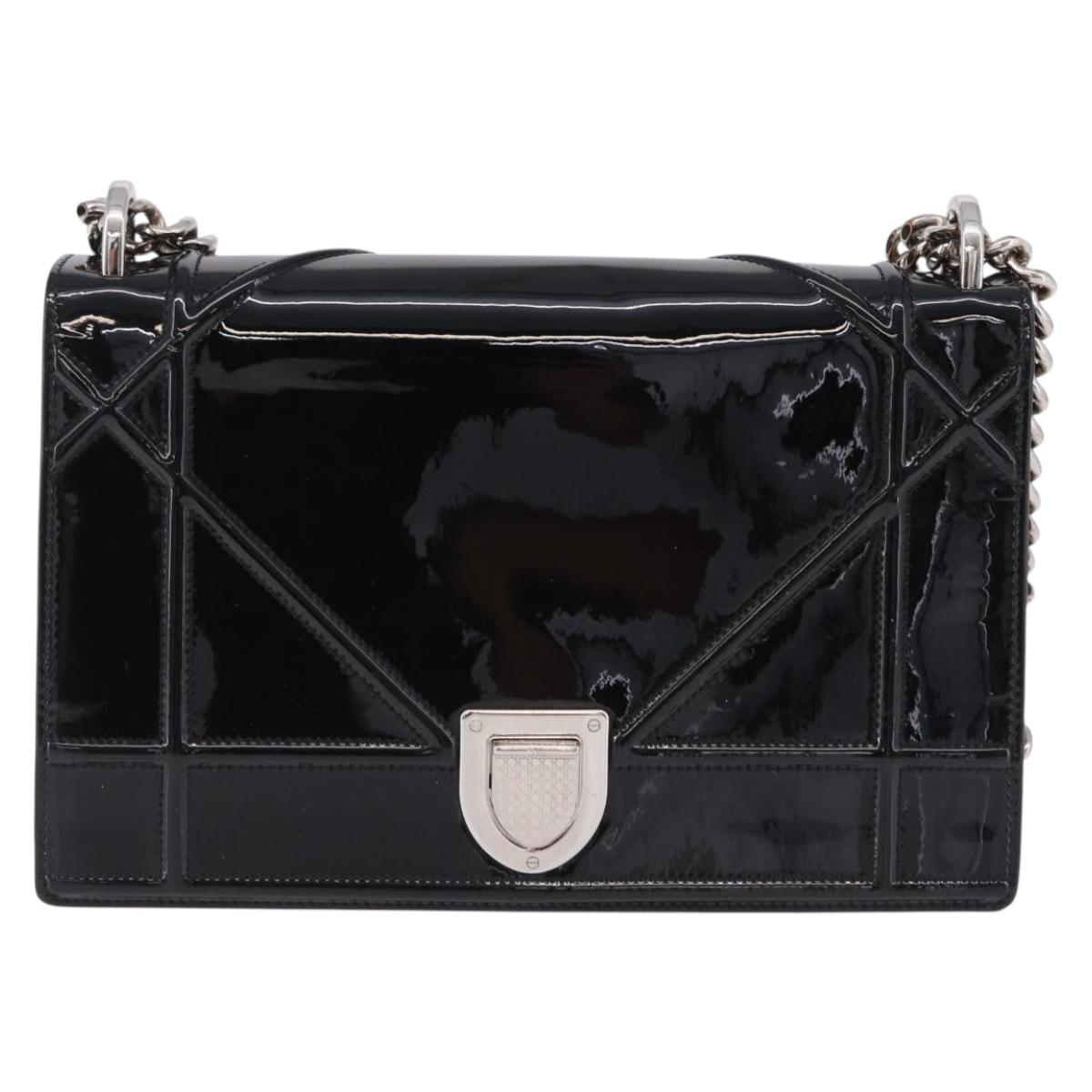 Christian Dior Diorama Chain Bag Patent leather Black Silver Auth ka5792A