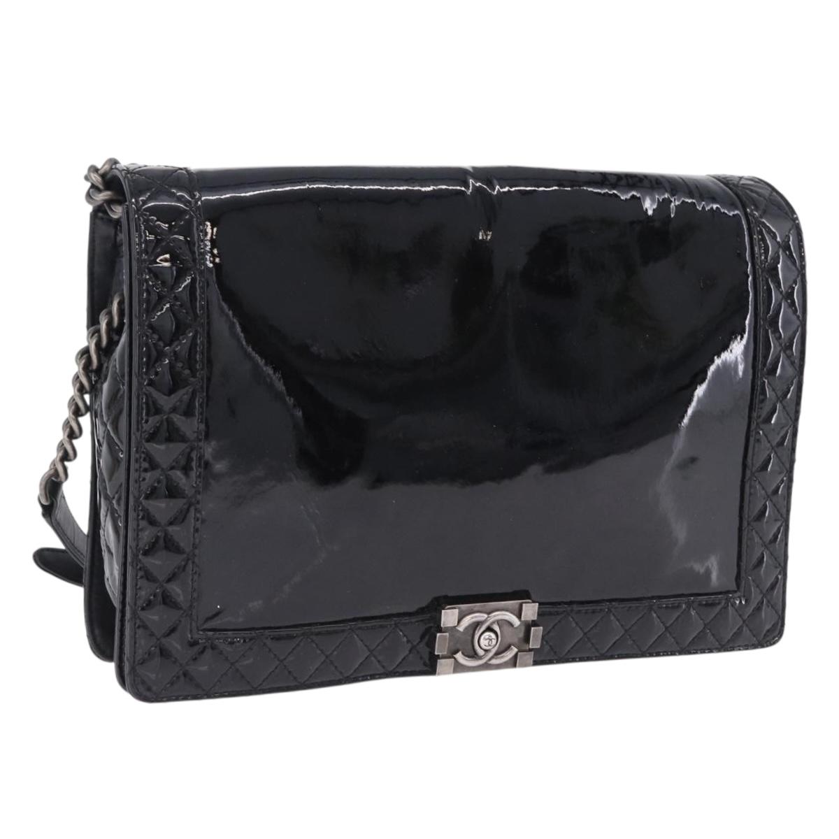 CHANEL Matelasse Boy Chanel Chain Bag Patent leather Black CC Auth ka5793V