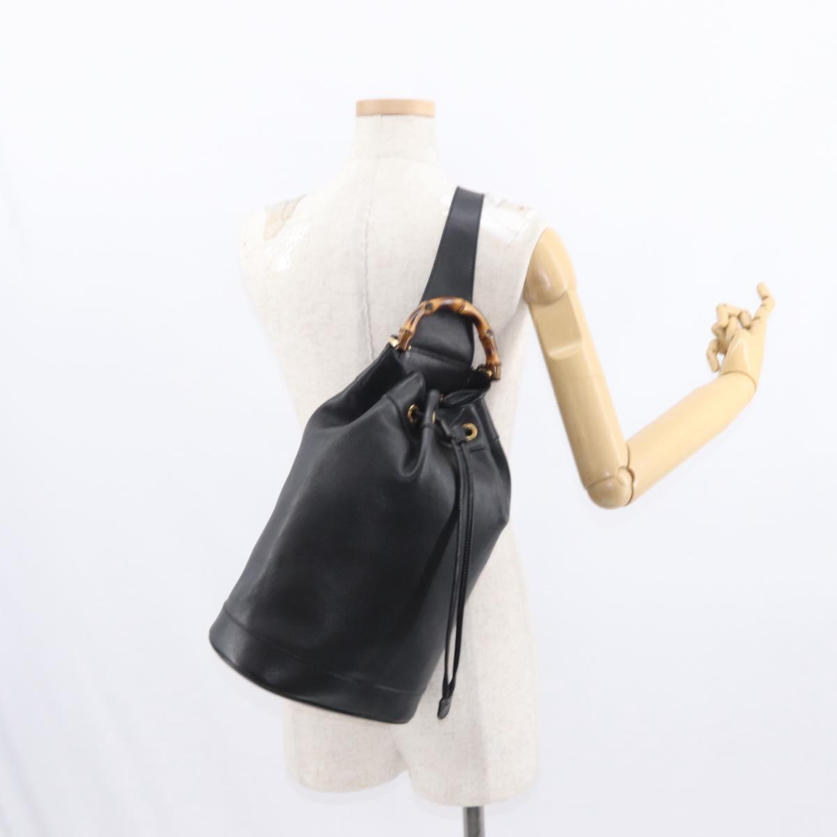 GUCCI Bamboo Body Bag Leather Black Gold 003 2113 0036 Auth ka581