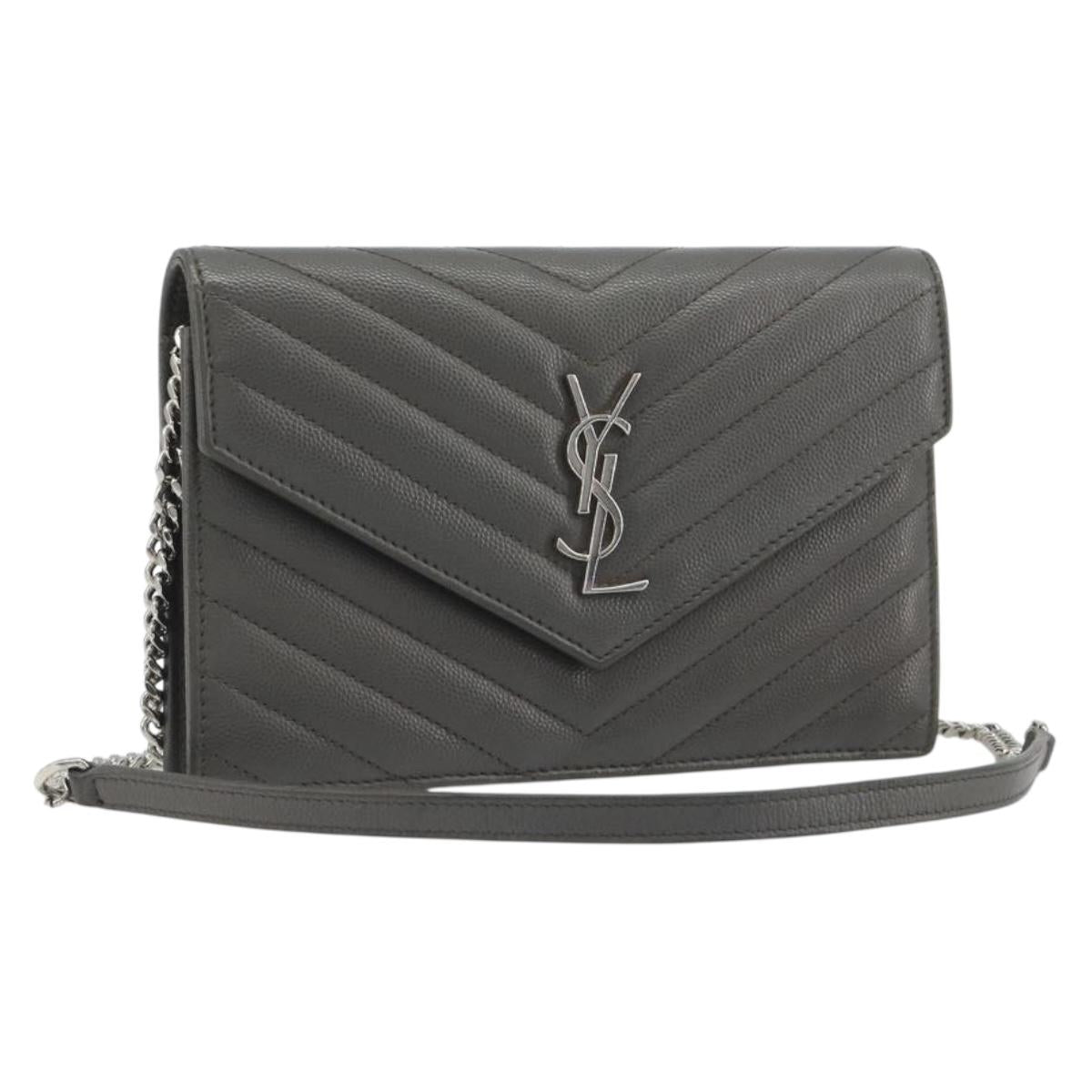 SAINT LAURENT Cassandra Chain Shoulder Wallet Leather Gray Silver Auth ka5813V