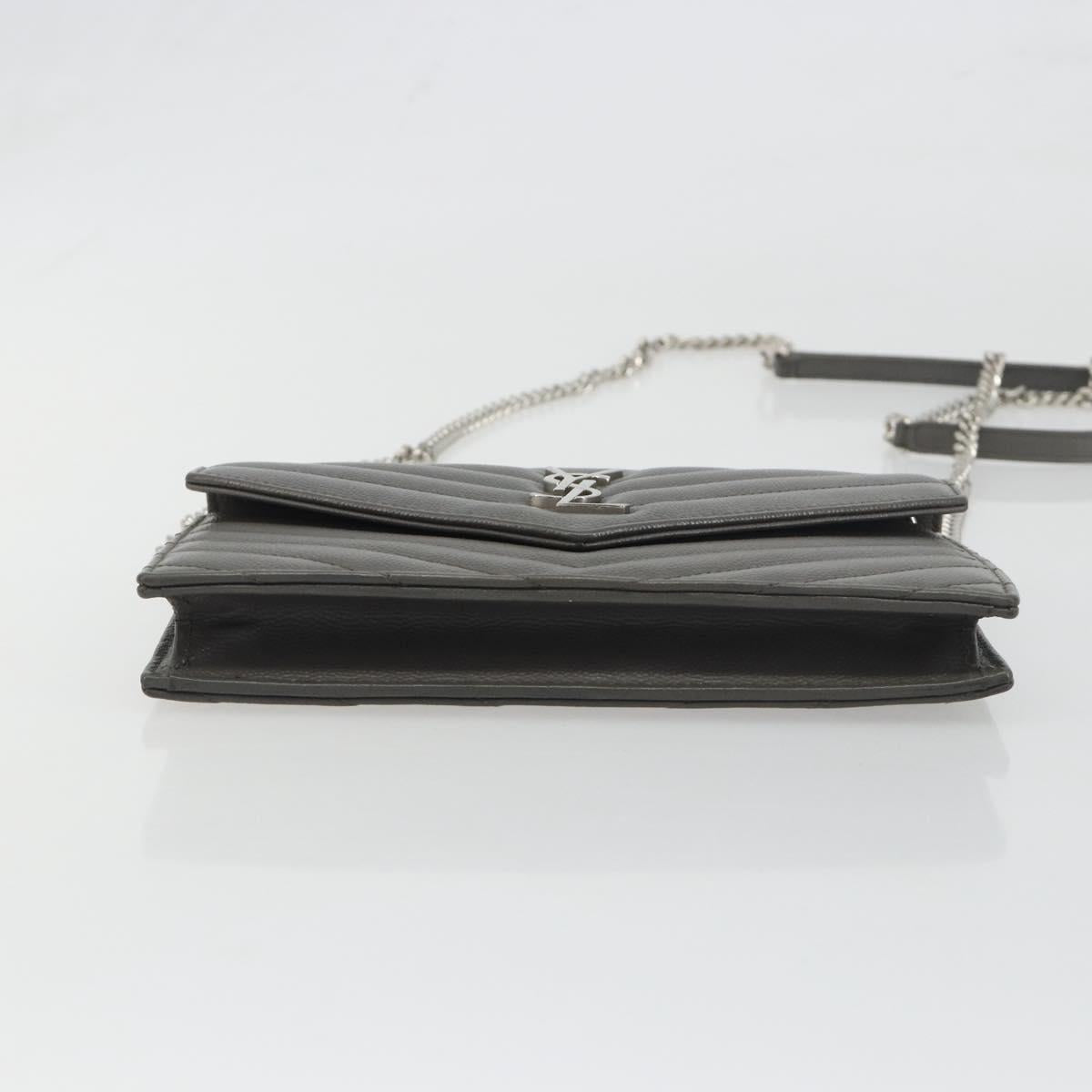 SAINT LAURENT Cassandra Chain Shoulder Wallet Leather Gray Silver Auth ka5813V