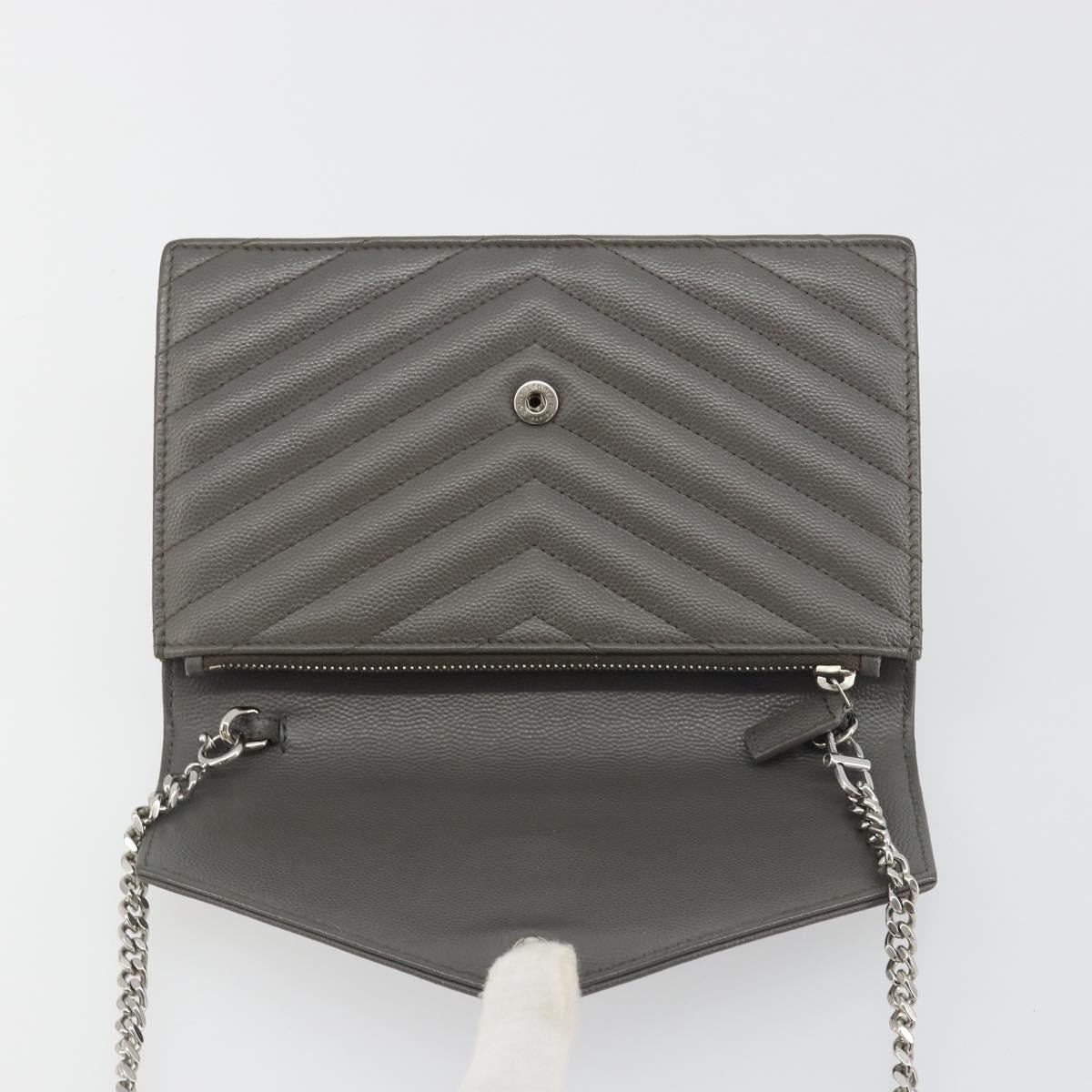 SAINT LAURENT Cassandra Chain Shoulder Wallet Leather Gray Silver Auth ka5813V