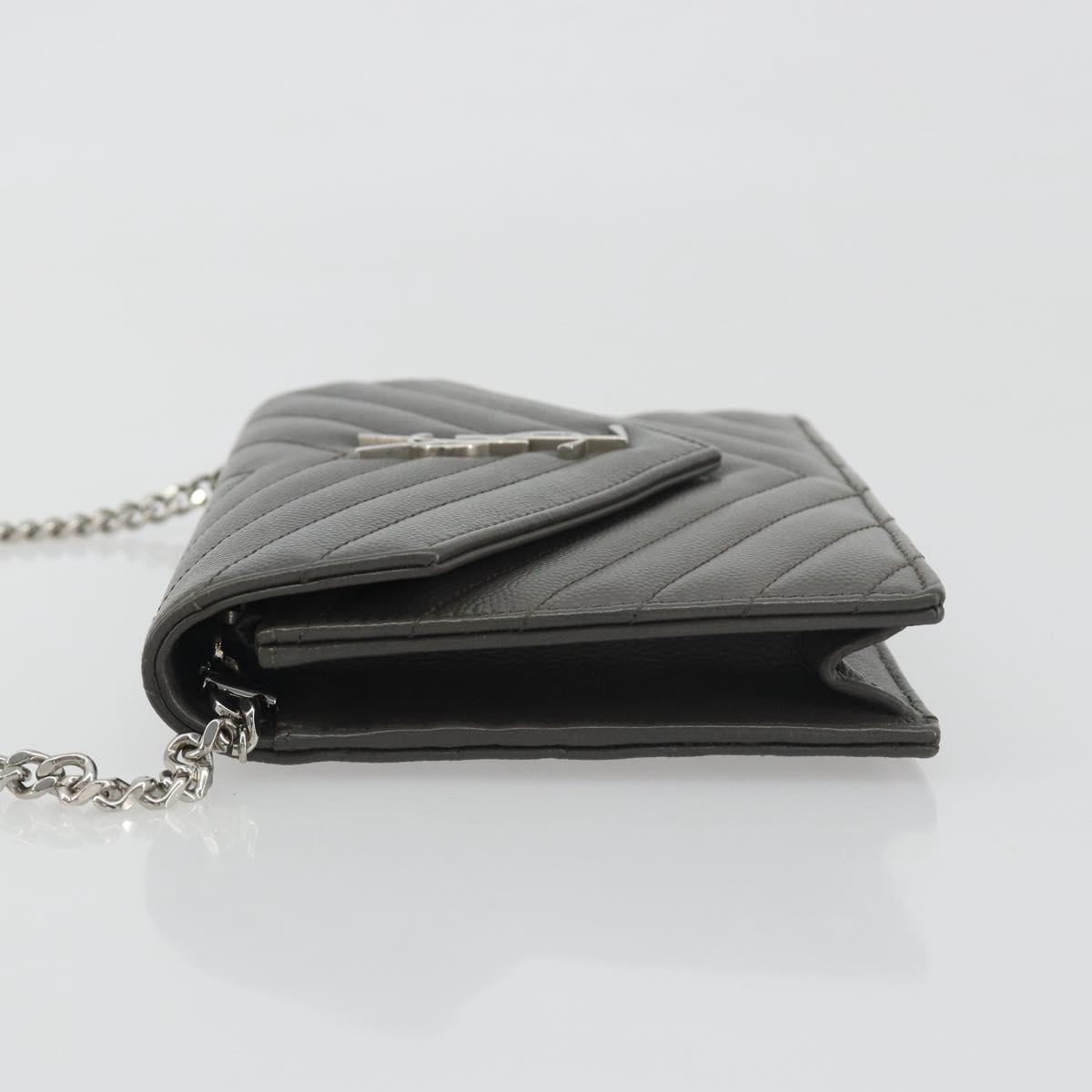 SAINT LAURENT Cassandra Chain Shoulder Wallet Leather Gray Silver Auth ka5813V