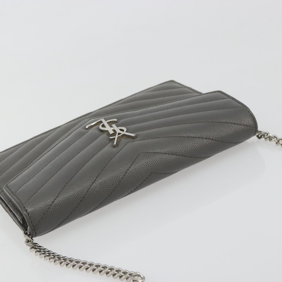 SAINT LAURENT Cassandra Chain Shoulder Wallet Leather Gray Silver Auth ka5813V