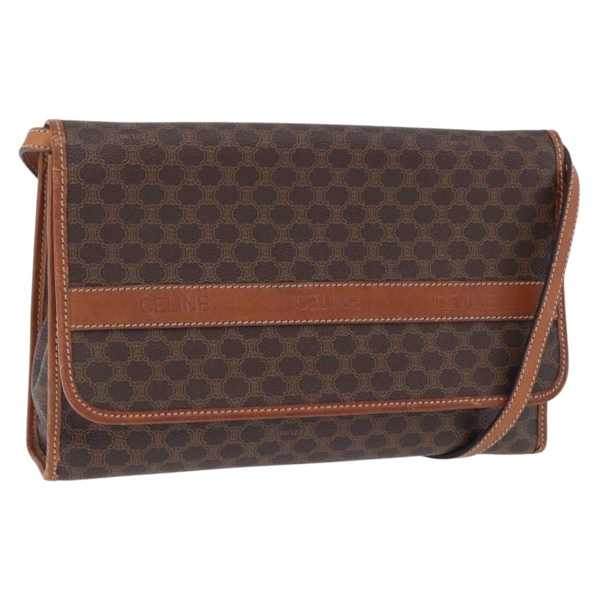 CELINE Macadam Canvas Shoulder Bag PVC Leather Brown Gold Auth ka5827