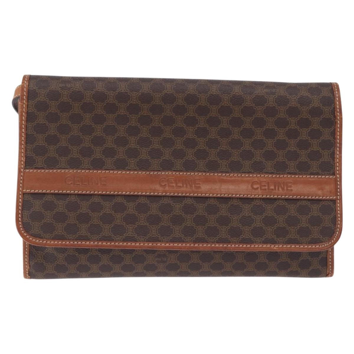 CELINE Macadam Canvas Shoulder Bag PVC Leather Brown Gold Auth ka5827