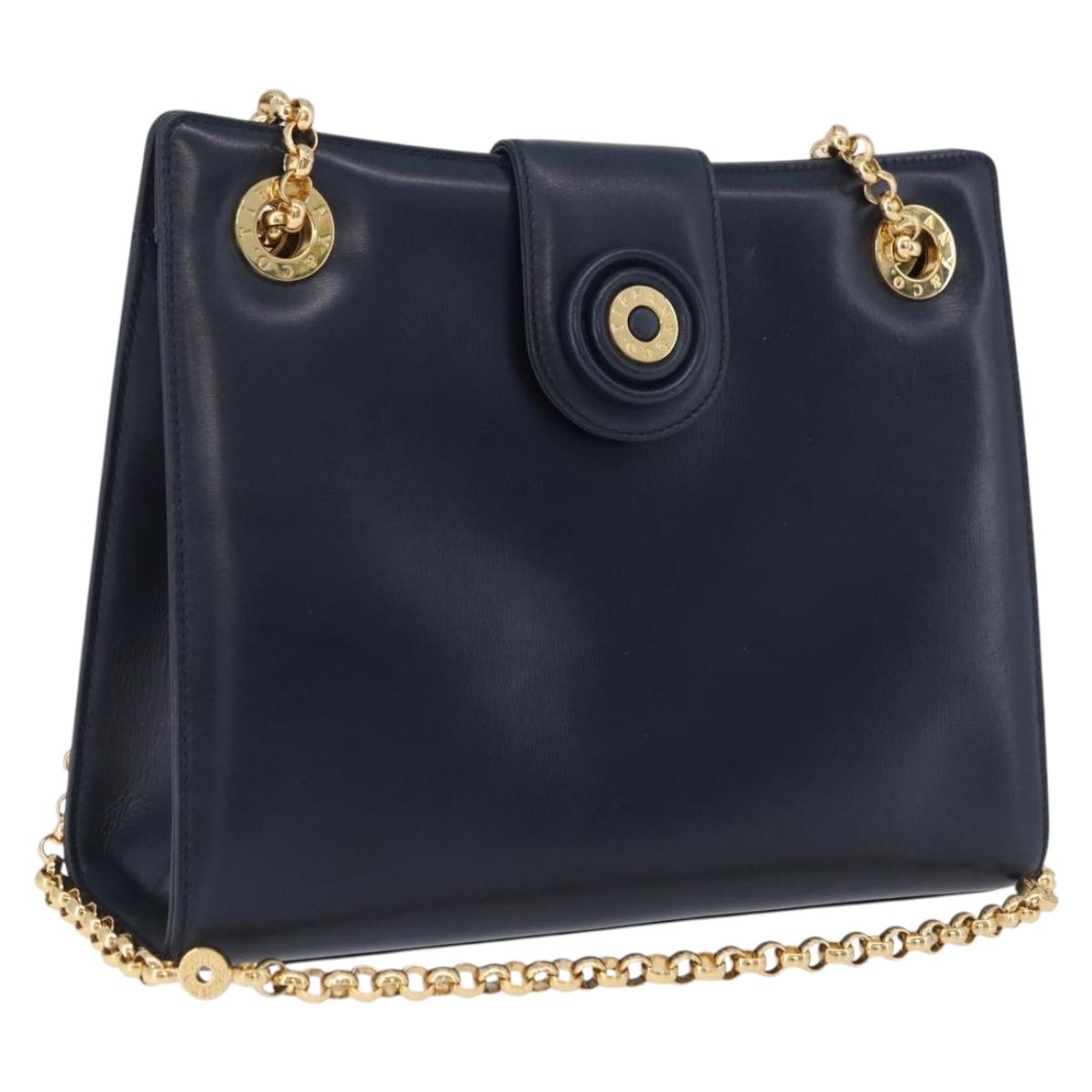 TIFFANY&Co. Chain Shoulder Bag Leather Navy Gold Auth ka5836A