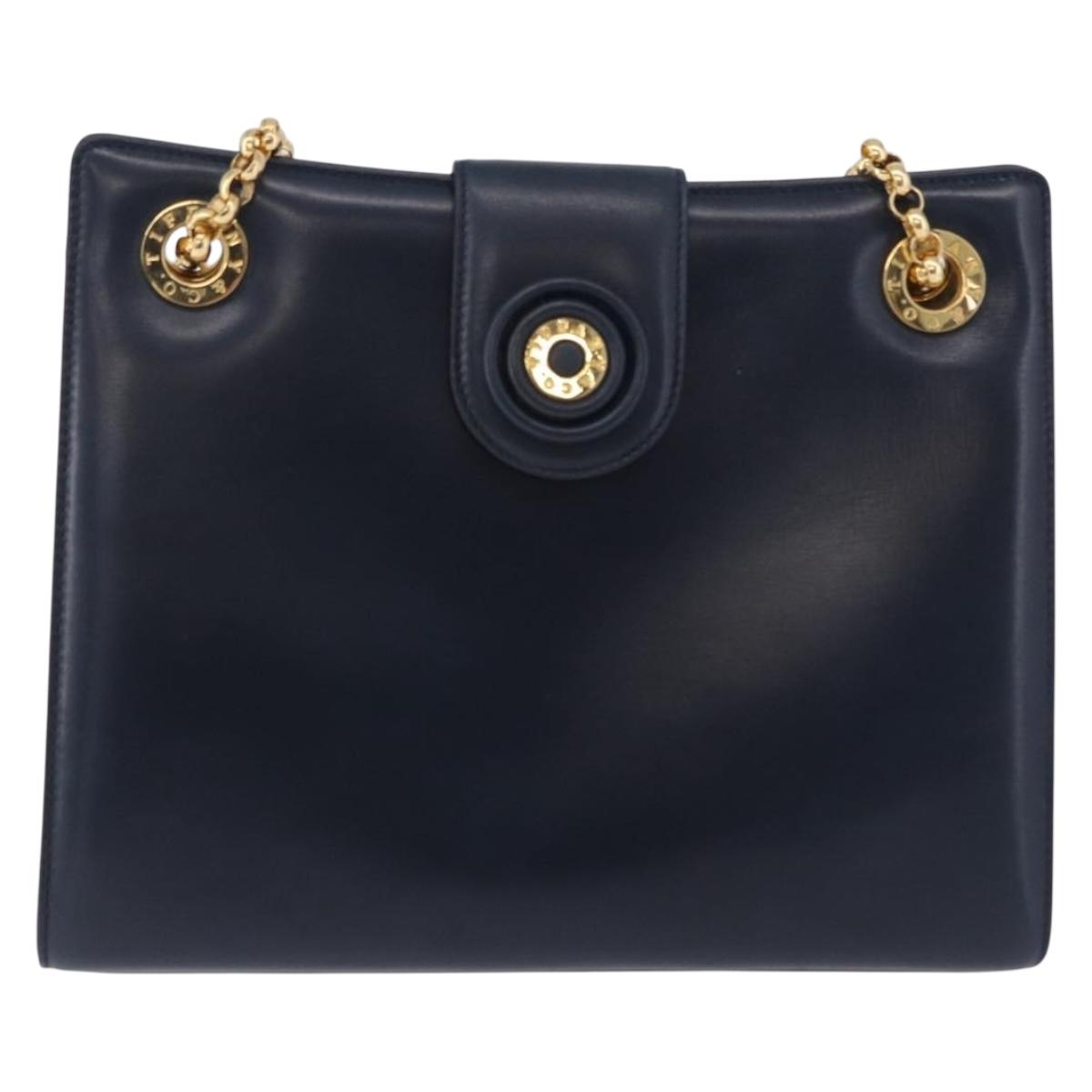 TIFFANY&Co. Chain Shoulder Bag Leather Navy Gold Auth ka5836A