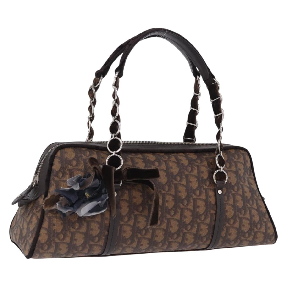 Christian Dior Trotter Canvas Romantic Hand Bag PVC Brown Silver Auth ka5838V
