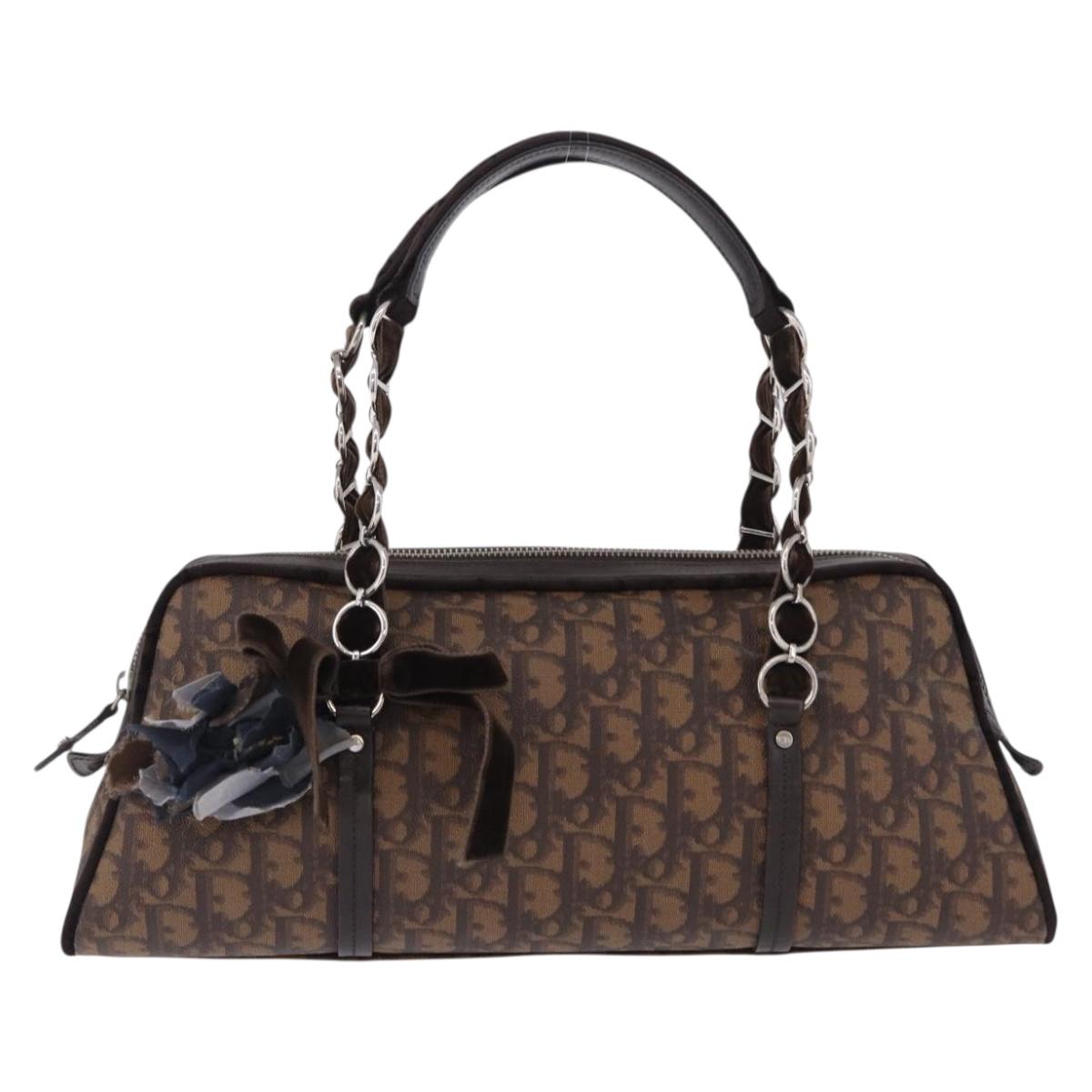 Christian Dior Trotter Canvas Romantic Hand Bag PVC Brown Silver Auth ka5838V