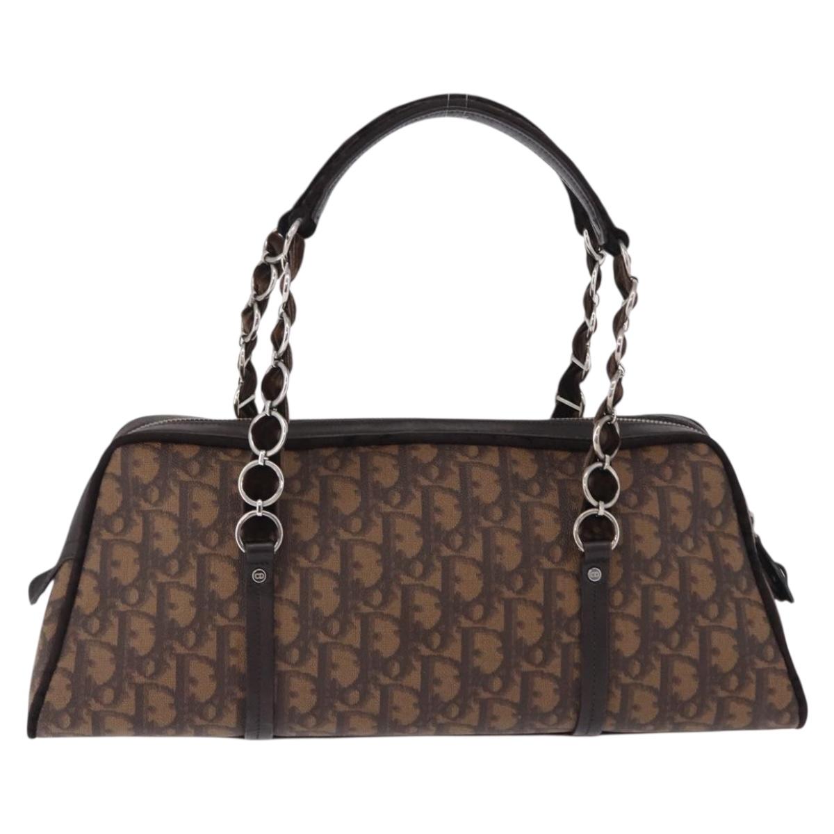 Christian Dior Trotter Canvas Romantic Hand Bag PVC Brown Silver Auth ka5838V