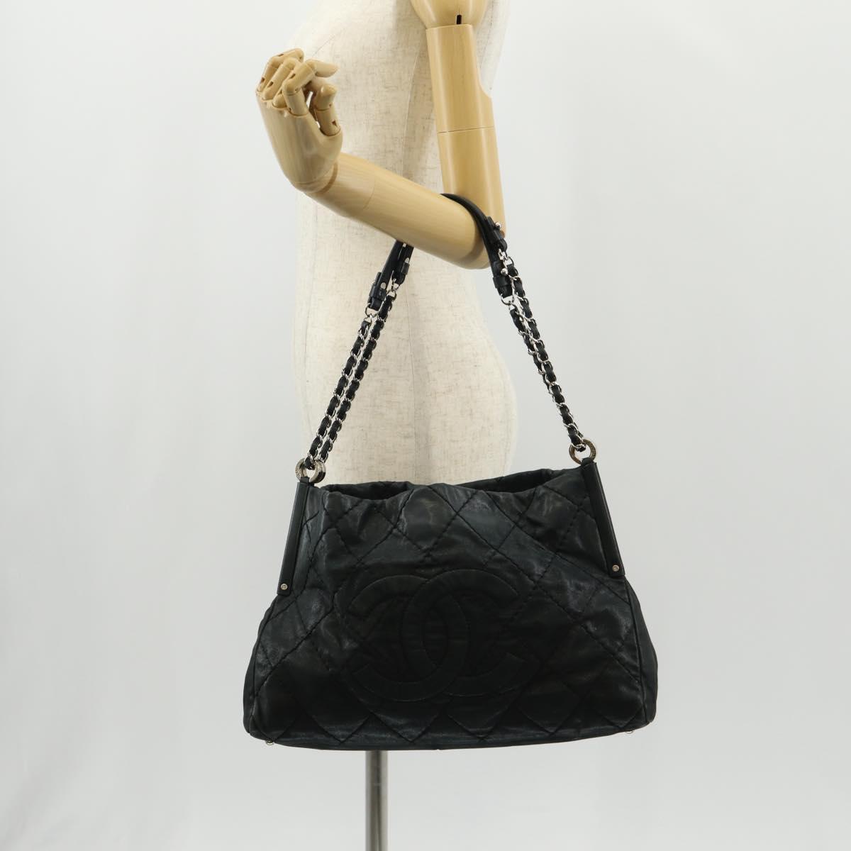 CHANEL Chain Shoulder Bag Coated Canvas Black Silver CC Auth ka583V