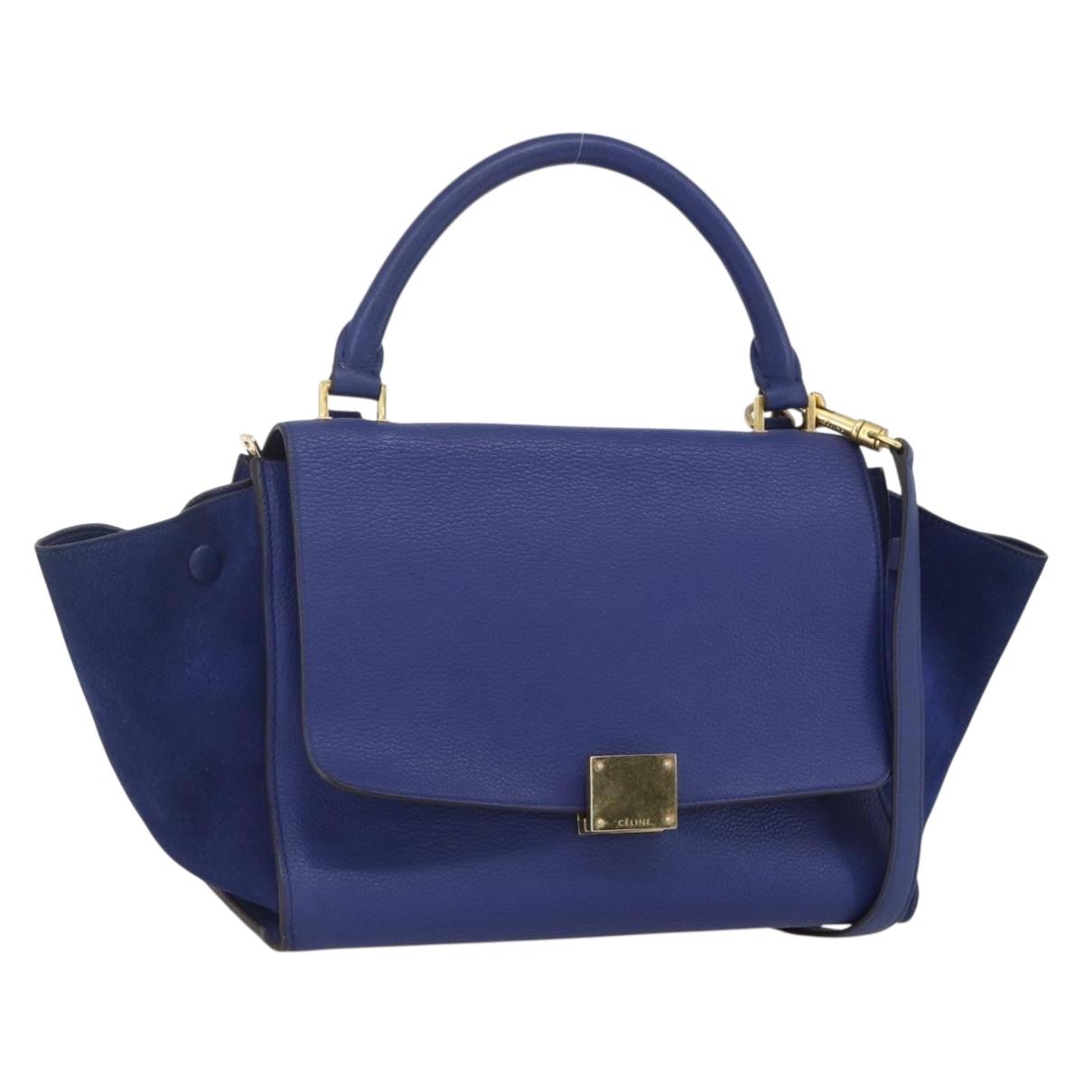 CELINE Trapeze Hand Bag Leather 2way Blue Gold Auth ka584