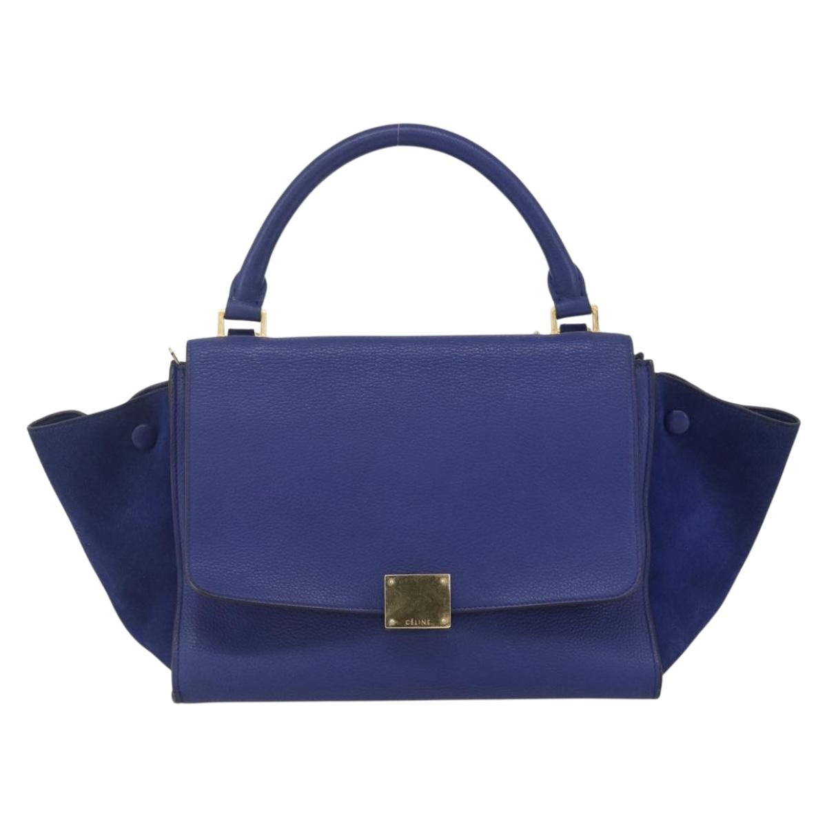 CELINE Trapeze Hand Bag Leather 2way Blue Gold Auth ka584