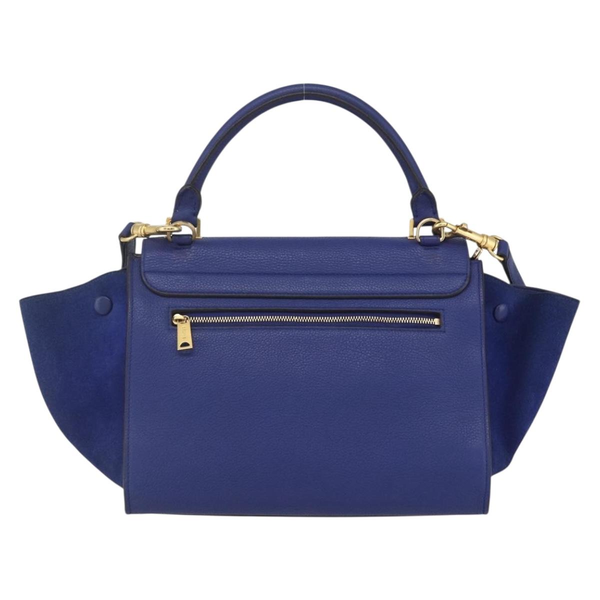 CELINE Trapeze Hand Bag Leather 2way Blue Gold Auth ka584