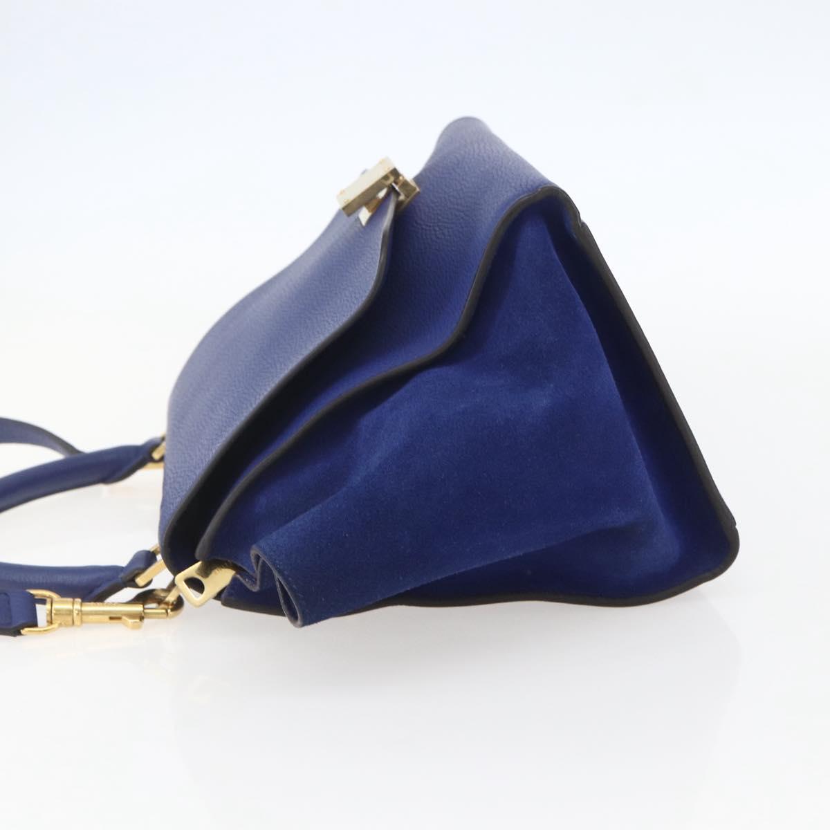 CELINE Trapeze Hand Bag Leather 2way Blue Gold Auth ka584
