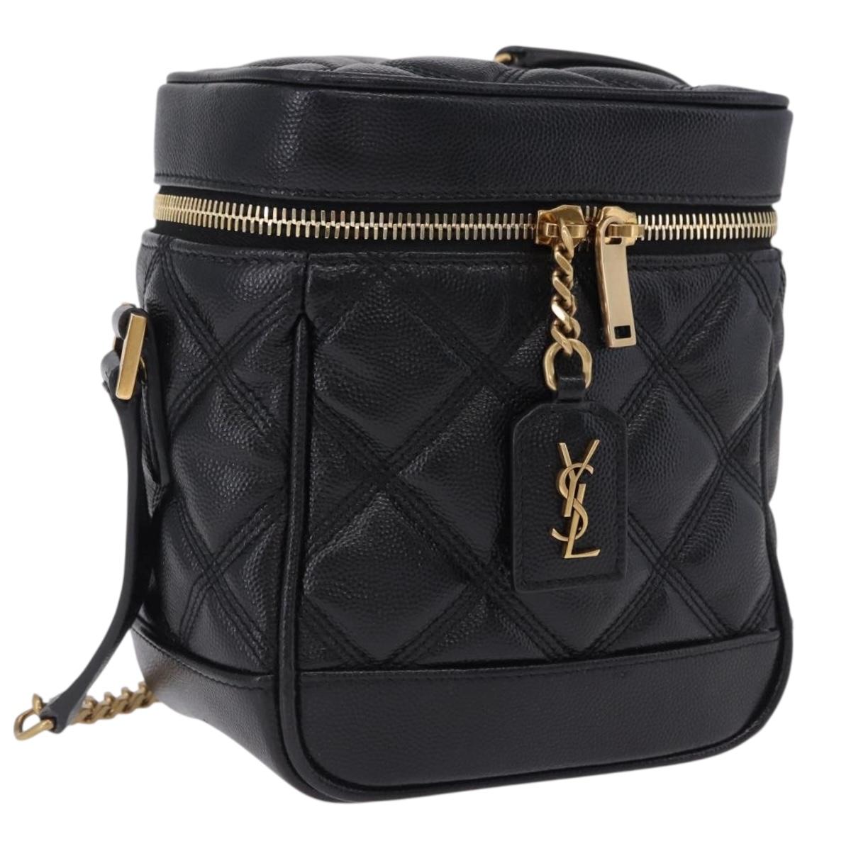 SAINT LAURENT Chain Vanity Shoulder Bag Leather Black Gold Auth ka5841M