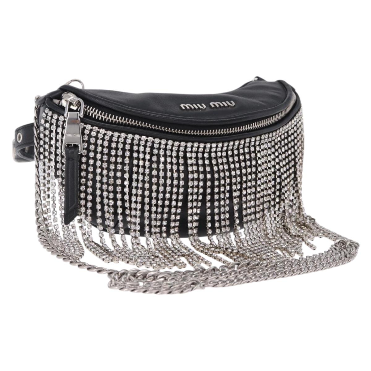 Miu Miu Matelasse Waist Bag Leather Black Silver Auth ka5842M