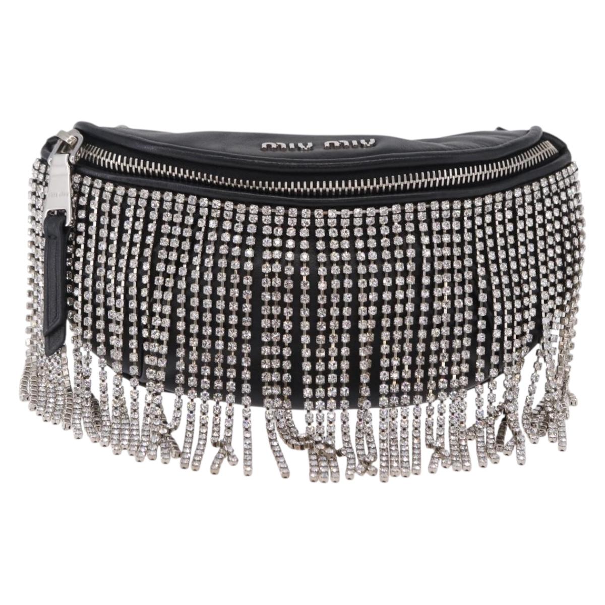 Miu Miu Matelasse Waist Bag Leather Black Silver Auth ka5842M