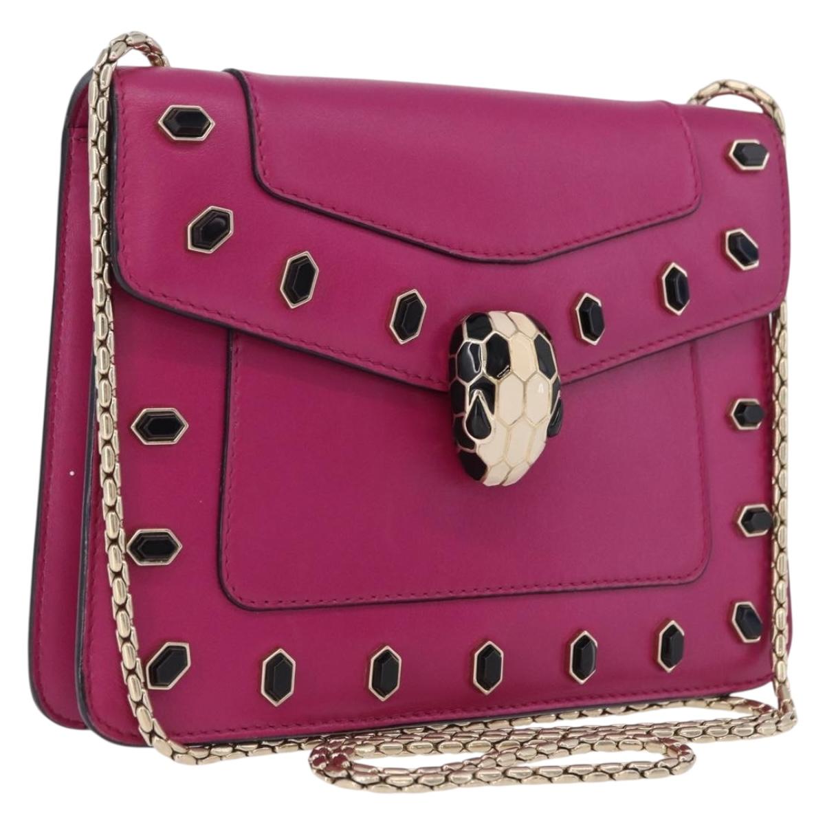 BVLGARI Chain Shoulder Bag Leather Pink Gold Auth ka5843A