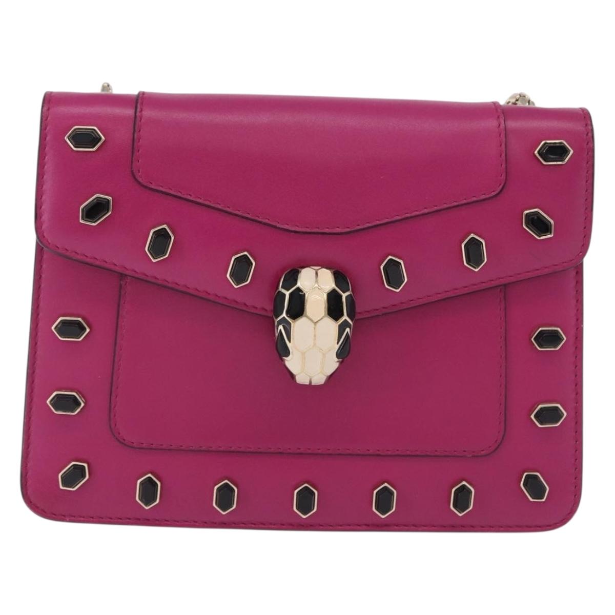 BVLGARI Chain Shoulder Bag Leather Pink Gold Auth ka5843A