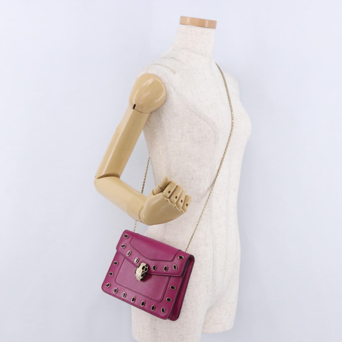 BVLGARI Chain Shoulder Bag Leather Pink Gold Auth ka5843A