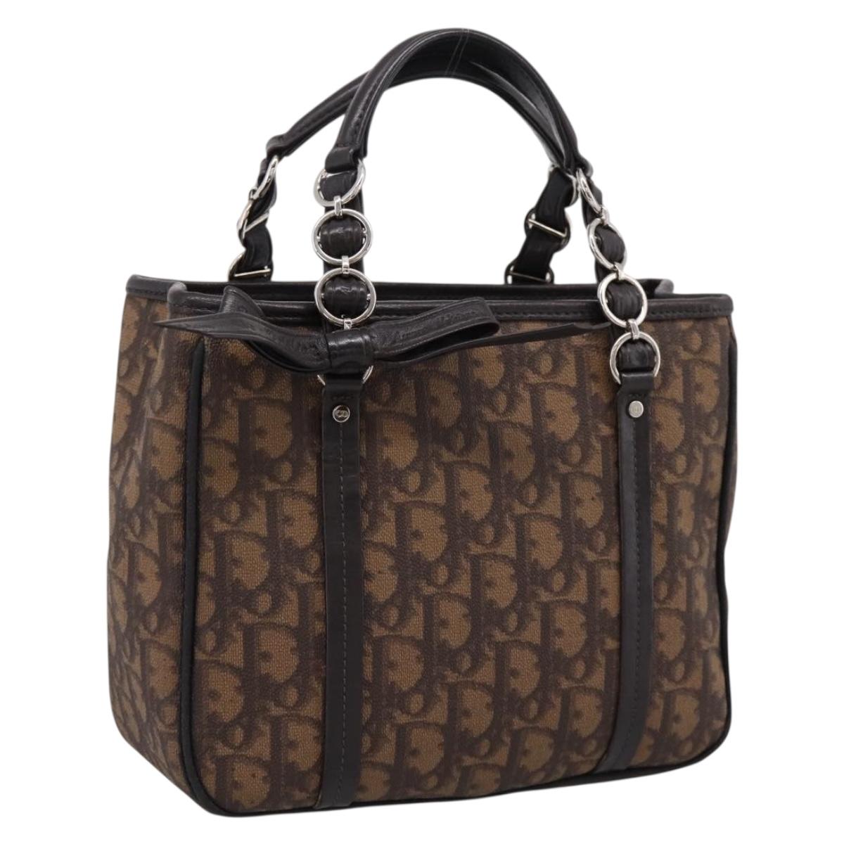 Christian Dior Trotter Canvas Hand Bag PVC Brown Silver Auth ka5864V