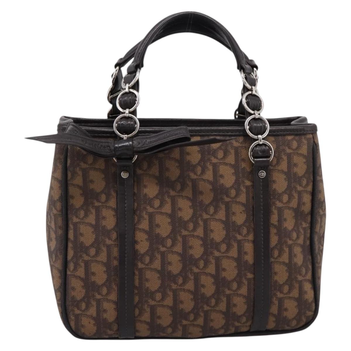 Christian Dior Trotter Canvas Hand Bag PVC Brown Silver Auth ka5864V