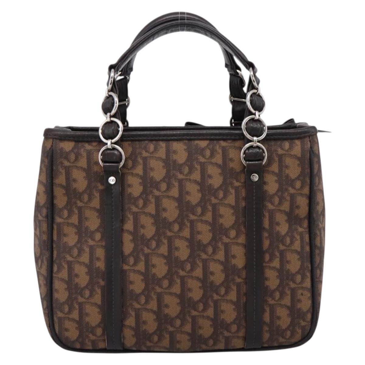 Christian Dior Trotter Canvas Hand Bag PVC Brown Silver Auth ka5864V