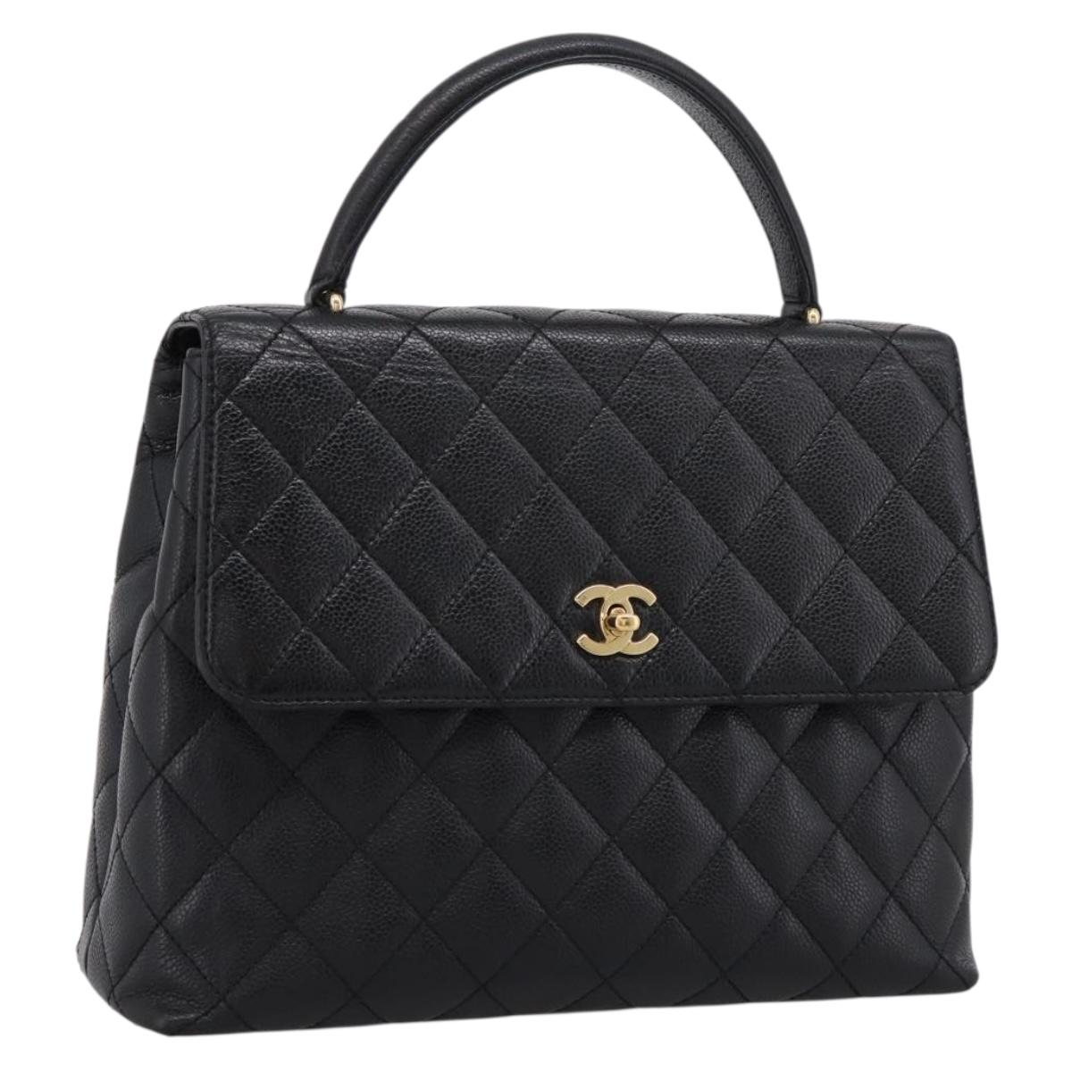 CHANEL Matelasse Hand Bag Caviar Skin Black Gold CC Auth ka5869M