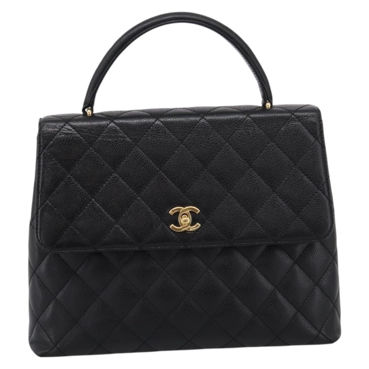 CHANEL Matelasse Hand Bag Caviar Skin Black Gold CC Auth ka5869M