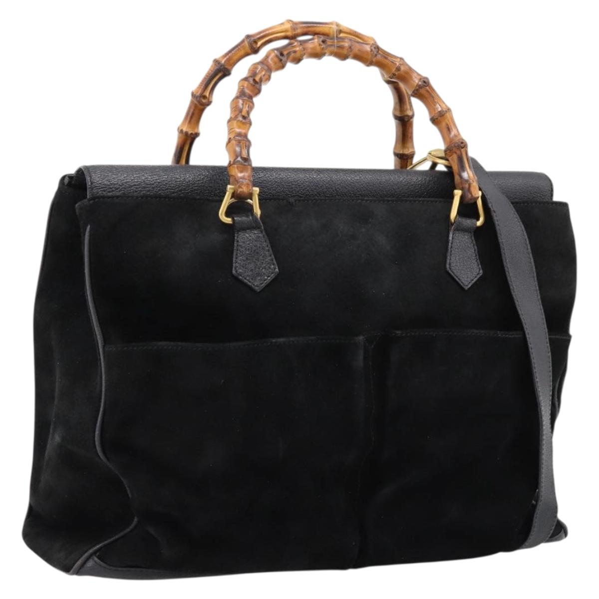 GUCCI Bamboo Hand Bag Suede 2way Black Gold 002 2855 0322 0 Auth ka5877