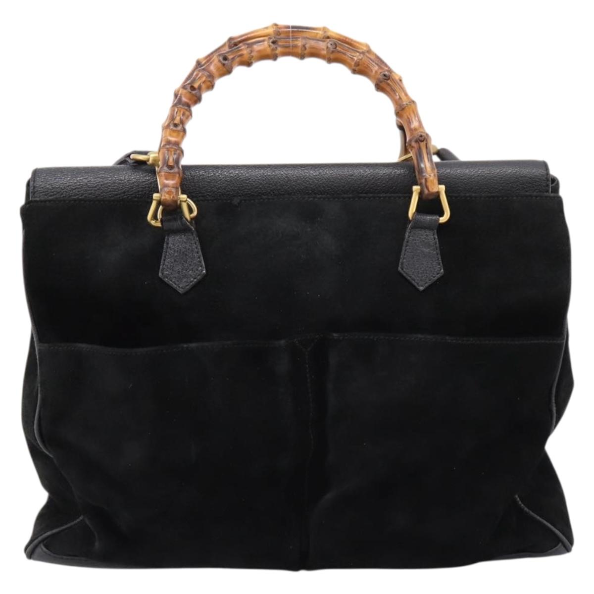 GUCCI Bamboo Hand Bag Suede 2way Black Gold 002 2855 0322 0 Auth ka5877