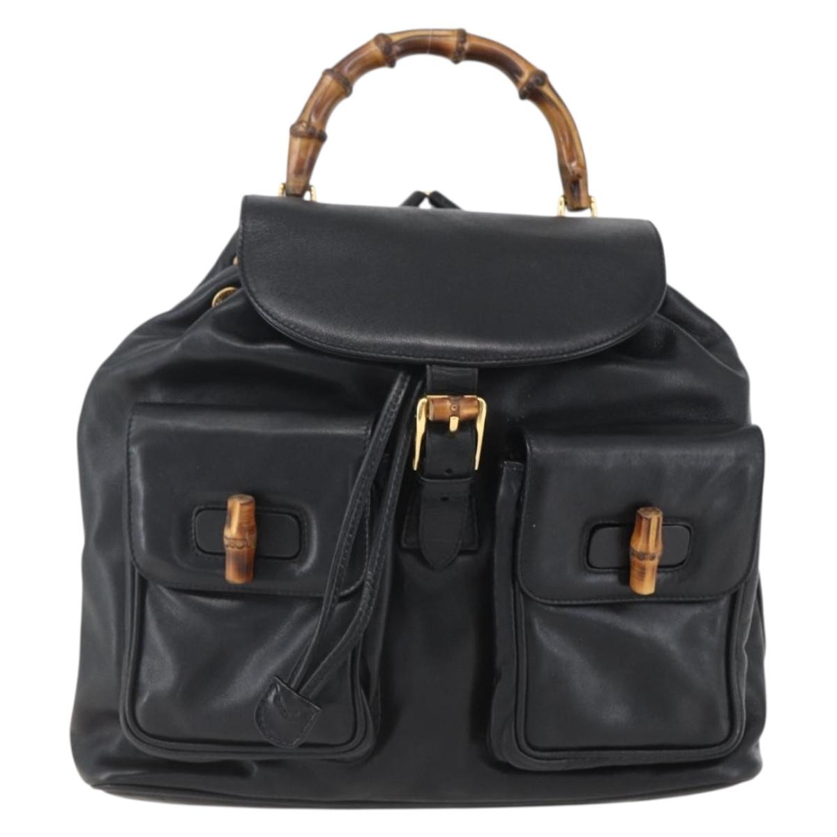 GUCCI Bamboo Backpack Leather Black Gold 003 2058 0016 Auth ka588