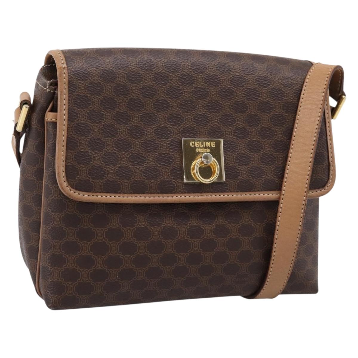 CELINE Macadam Canvas Shoulder Bag PVC Leather Brown Gold Auth ka5899
