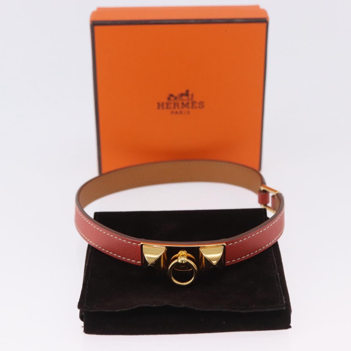 HERMES Rival Double Tour Bracelet Leather Red Gold Auth ka5905M