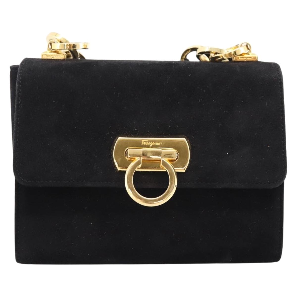 Salvatore Ferragamo Gancini Shoulder Bag Suede Black Gold Auth ka5909