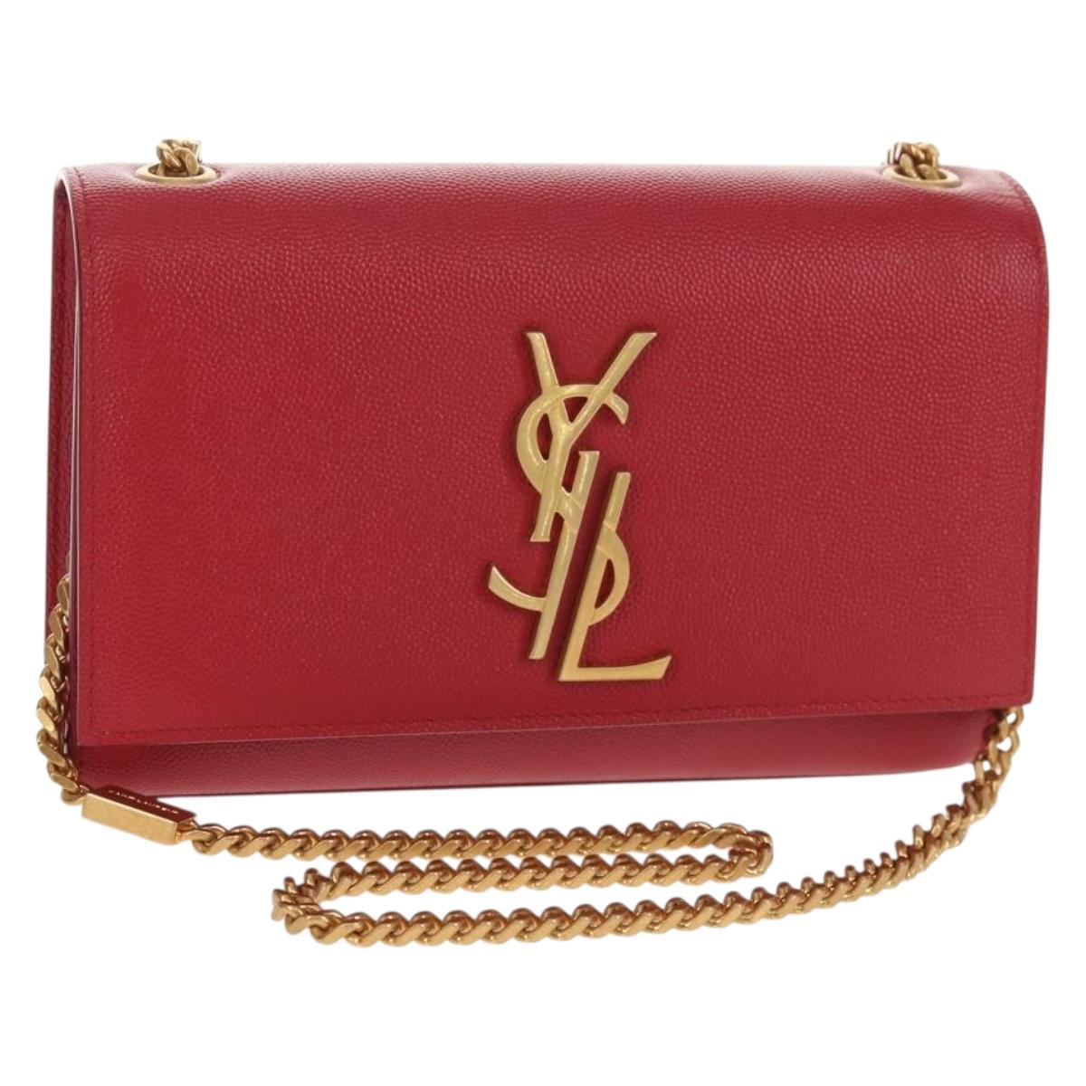 SAINT LAURENT Chain Shoulder Bag Leather Red Gold Auth ka590M
